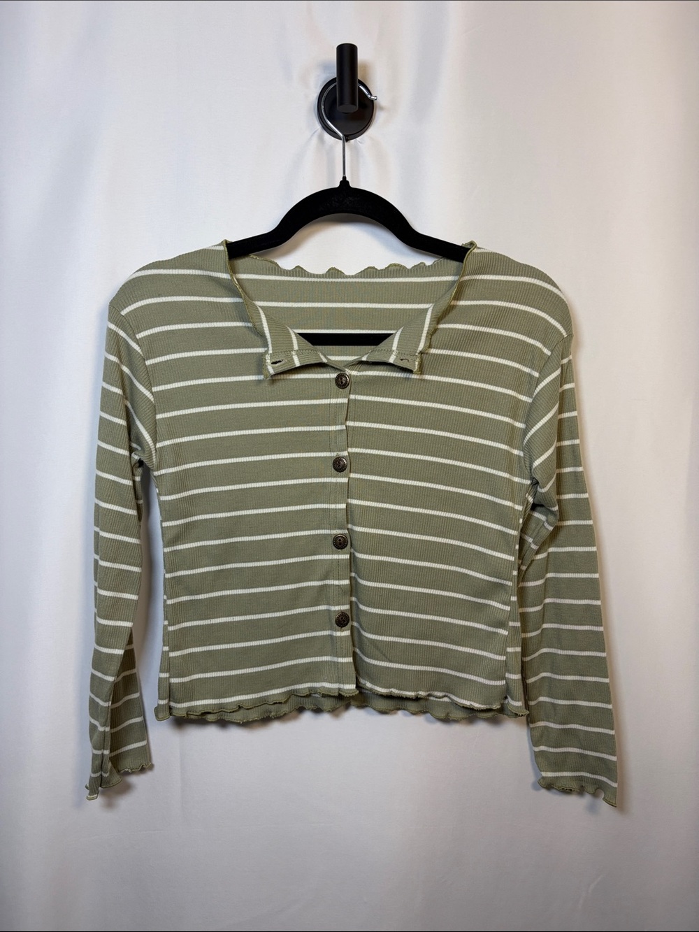 Striped Olive Green Lettuce Edge Button-Front Lightweight Long Sleeve Top